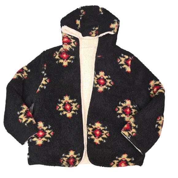 Love Tree The Soft Life Reversible Sherpa Jacket Womens Medium Black Cream Boho - Picture 1 of 11